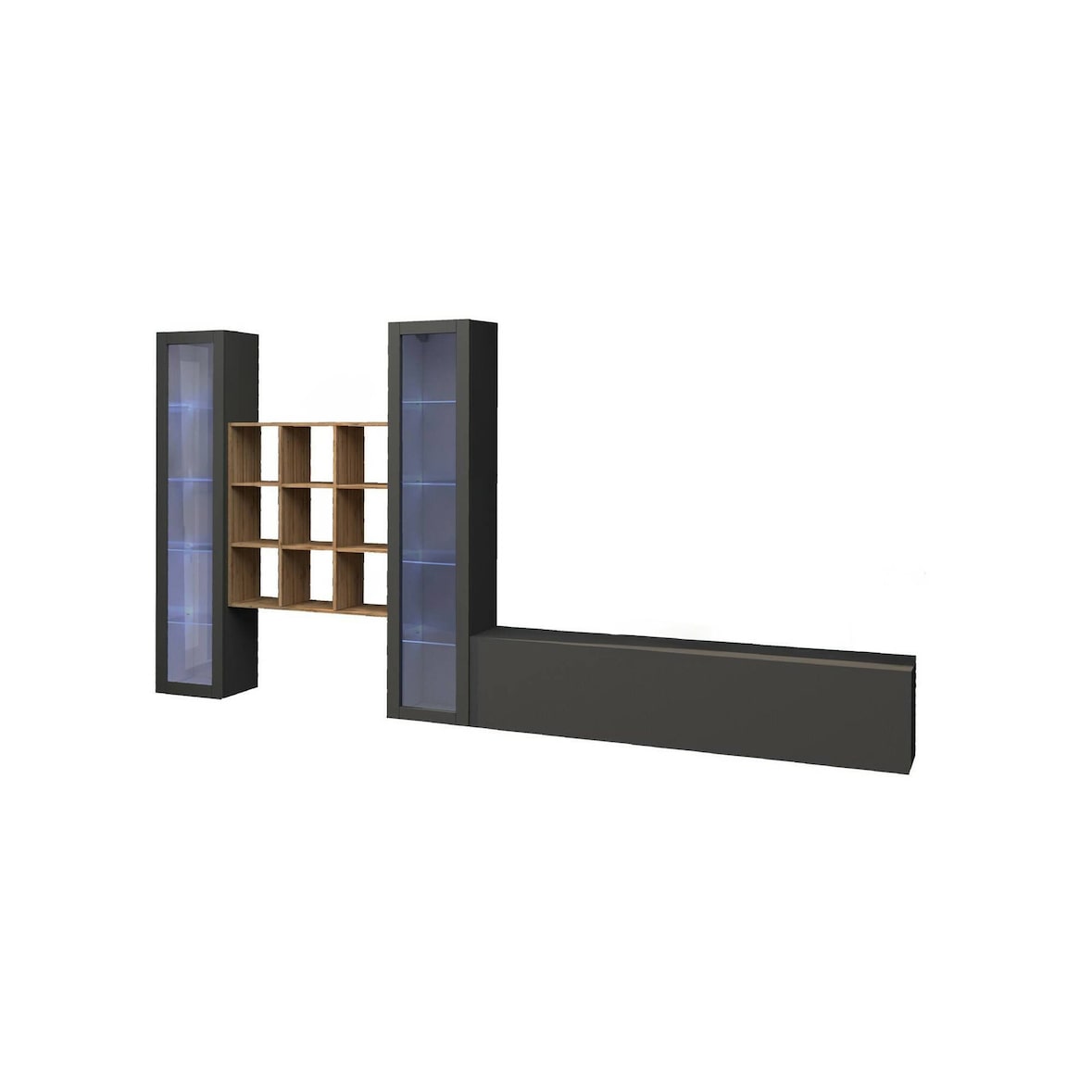 Dmora Wohnzimmermöbel Egidio, Wohnzimmer-Set TV-Möbel mit 3 Türen, Mehrzweck-Wohnmöbel mit Vitrine und LED-Licht, cm 350x30h180, Anthrazit und Ahorn