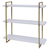 thumbnail of Estante de pared HWC-K78, estante colgante estante flotante, 3 estantes de metal de madera maciza industrial 60x60x18cm ~ blanco, oro metálico