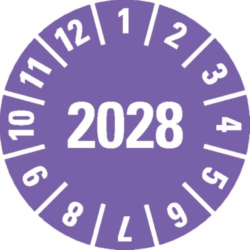Dreifke® Prüfplakette 2028, violett, Folie, ablösbar, Ø 15mm, 60 Stk.