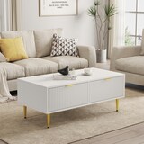 thumbnail of Couchtisch 100x50x40 cm Weiß MDF 2 Schubladen Metallbeine Moderner Wohnzimmer Tisch Aufbewahrung Ablagefunktion Gold Akzent