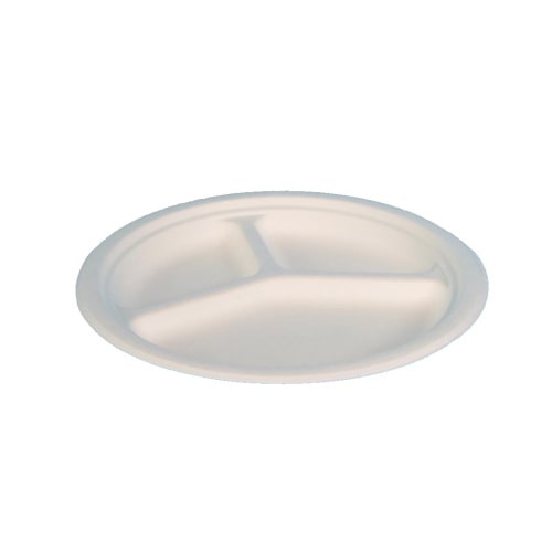 500 Bio Menüteller Imbissteller 3-geteilt Ø26cm weiß Bagasse/Zuckerrohr