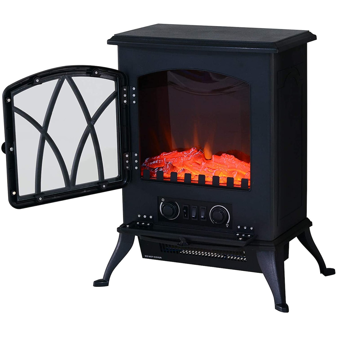 HOMCOM Chimenea Eléctrica Móvil tipo Estufa de Pie con Efecto de Leña Ardiendo Calefactor 1000W/2000W 45x28,5x54cm Color Negro