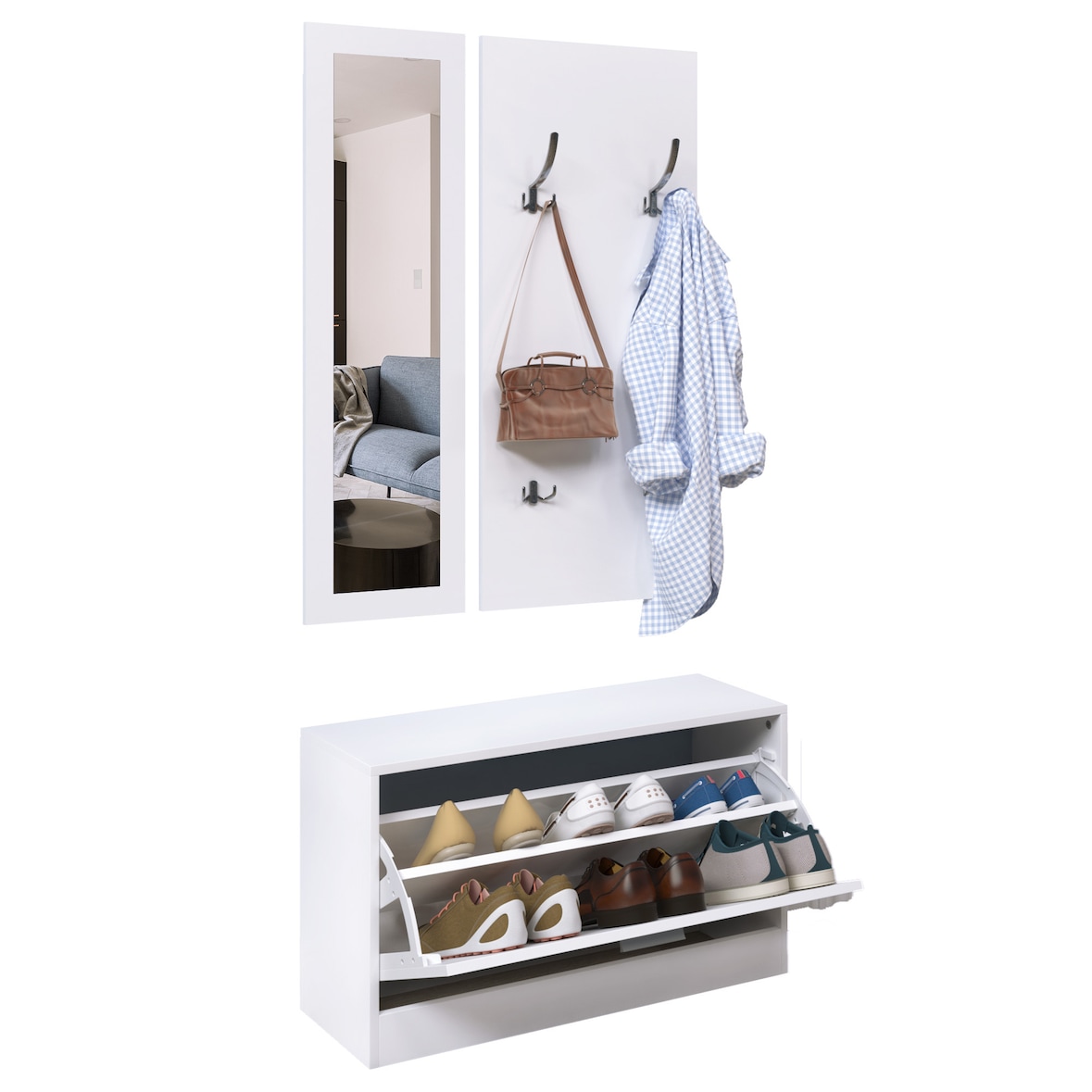 HOMCOM Conjunto de Muebles de Entrada Recibidor Pasillo Set de 3 Piezas Zapatero Espejo Perchero con 4 Ganchos para Colgar Ropa 80x27x46,5cm Blanco