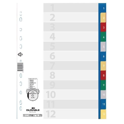 Índice numérico DURABLE 1 a 12 DIN A4 Color Surtido 12 piezas PP (polipropileno) 11 agujeros 6750