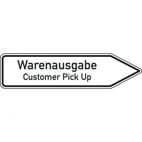 Wegw.2-spr.Warenausgabe, rechtsweisend, Aluminium RA0, reflektierend, 1400x350mm, DIN 67520