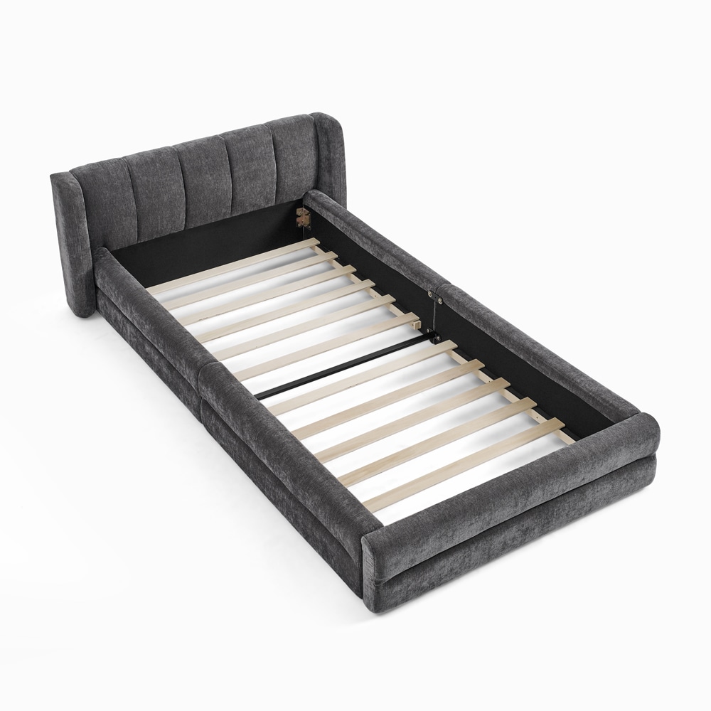 Einzelbett 90x200 cm Polsterbett mit Chenillebezug, ergonomischem Kopfteil und stabiler, geräuscharmer Konstruktion, Dunkelgrau