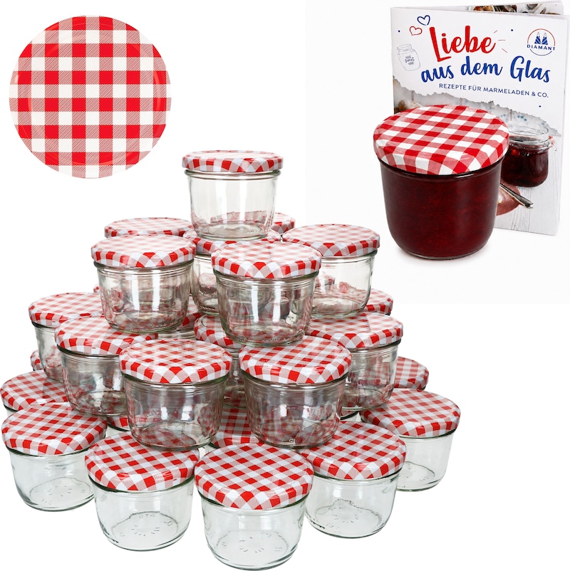 100er Set Sturzglas 230 ml Marmeladenglas Einmachglas rot kariert mit Rezeptheft