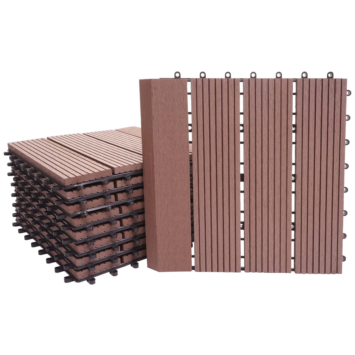 Baldosa WPC Ródano + cenefa, aspecto madera balcón/terraza, 11x cada una 30x30cm = 1m2 Premium ~ café lineal vertical