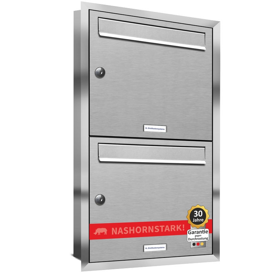 AL Briefkastensysteme 2 Fächer Premium Edelstahl Unterputz Briefkasten Anlage für Post A4, modern, robust, wetterfest, Artikelnummer: 331T2U1