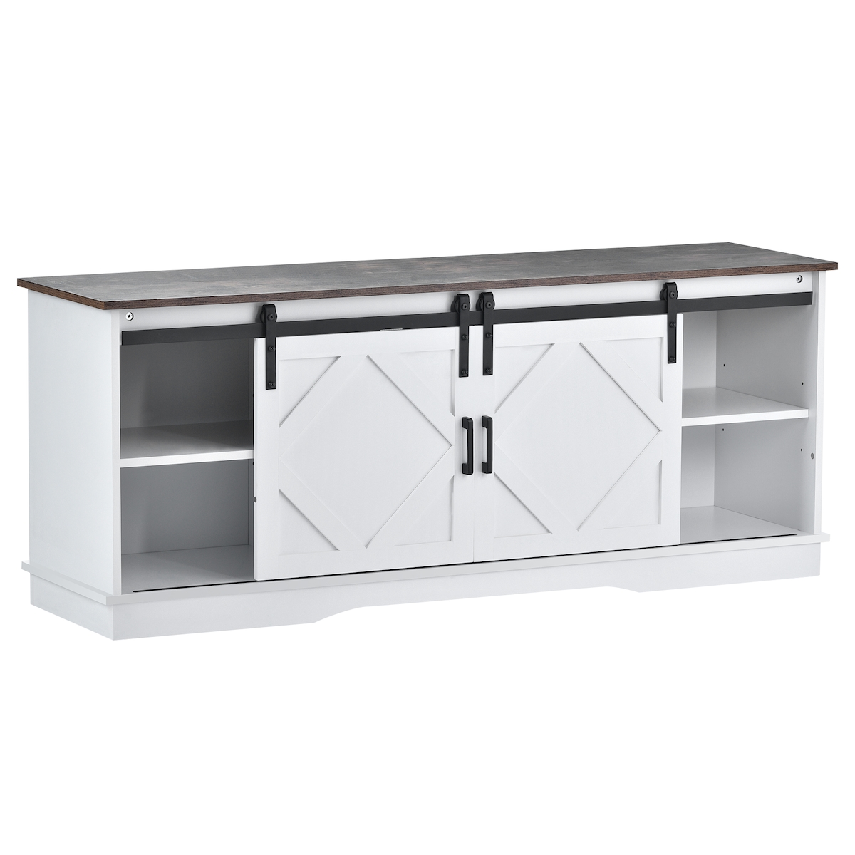 OKWISH TV-Schrank 150x40x60 cm Bauernhaus mit Scheunentor, 65 Zoll Fernseher, offenes Regal, höhenverstellbare Ablagen, Stauraum für Mediengeräte, 