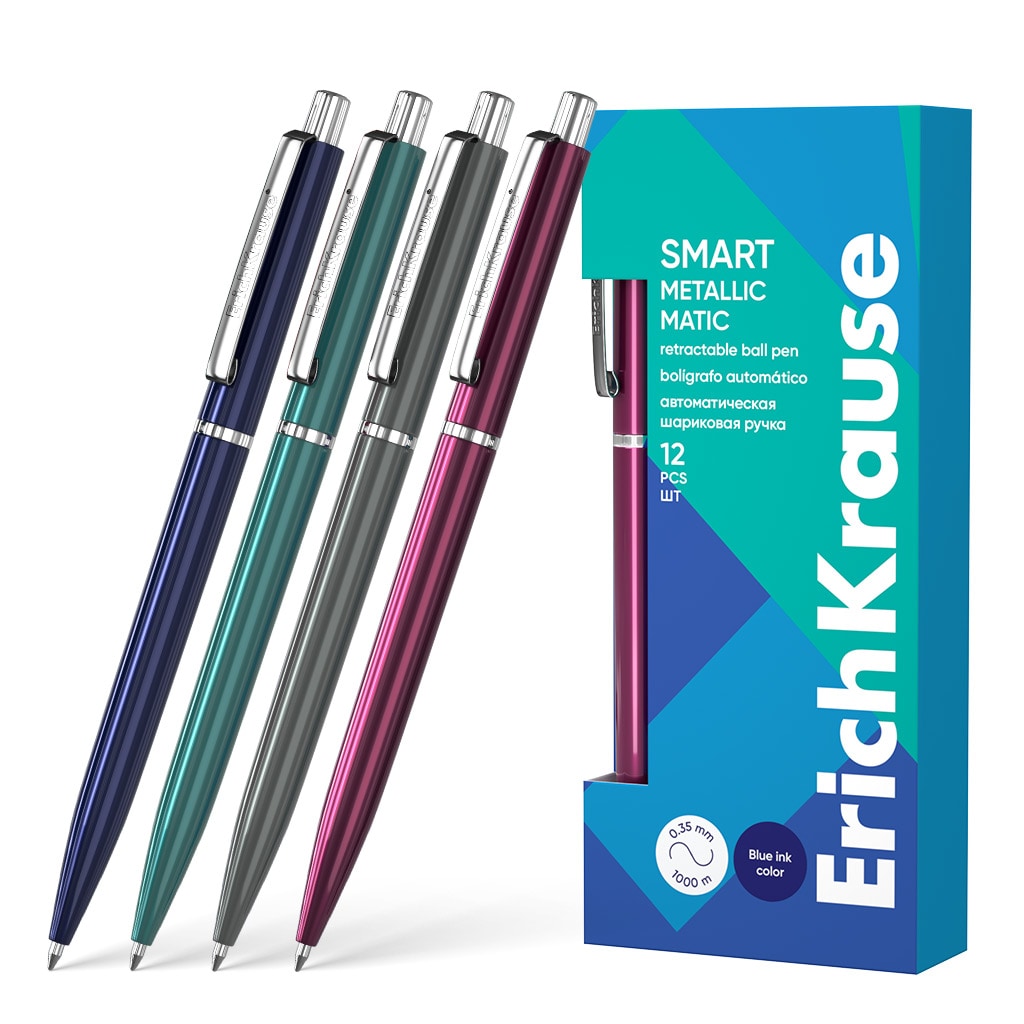 Druckkugelschreiber 0,35mm 12er Set Blau - Kugelschreiber Kulis Kulischreiber Stifte Schreibstifte für Schule & Bürobedarf - Smart Matic Metallic