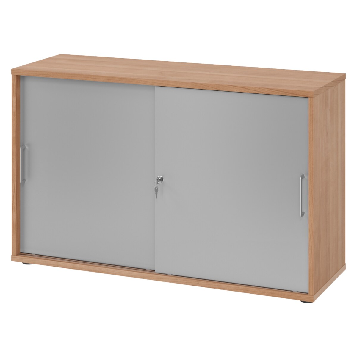 bümö Schiebetürenschrank 2OH - Aktenschrank abschließbar, Sideboard Schrank mit Schiebetüren in Nussbaum/Silber, Bügelgriff - Büroschrank aus Holz