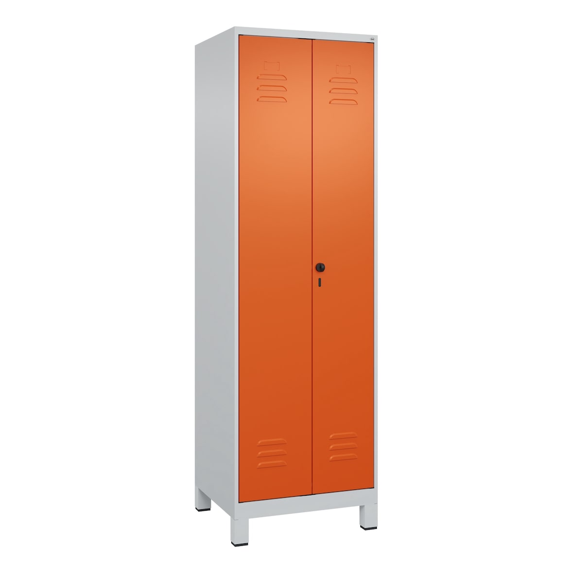 C+P Aufbewahrungs Doppel-Spind Classic PLUS, Füßen, 2 Abteile, 4 Fachböden, HxBxT 195x60x50cm, Sicherheitsdrehriegel, Hellgrau/Orange von PROREGAL