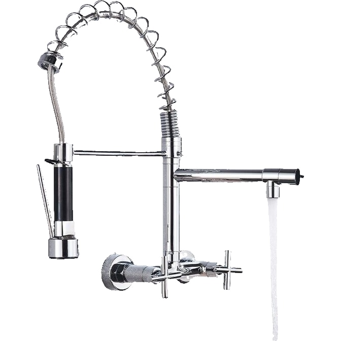 Björn | Gastronomie Wandmontage Armatur Chrom glänzend | Profi Küchenarmatur Edelstahl Zwei Brausen | Doppelspülbecken Wasserhahn Restaurant Wand