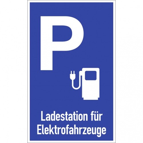 Dreifke® Parkplatzschild-Ladestation für Elektrofahrzeuge,Symbol+Text, Alu,blau,400x650mm