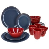 thumbnail of Natural 16tlg Kombiservice rot & blau Steingut 4 Personen Becher Schalen Teller