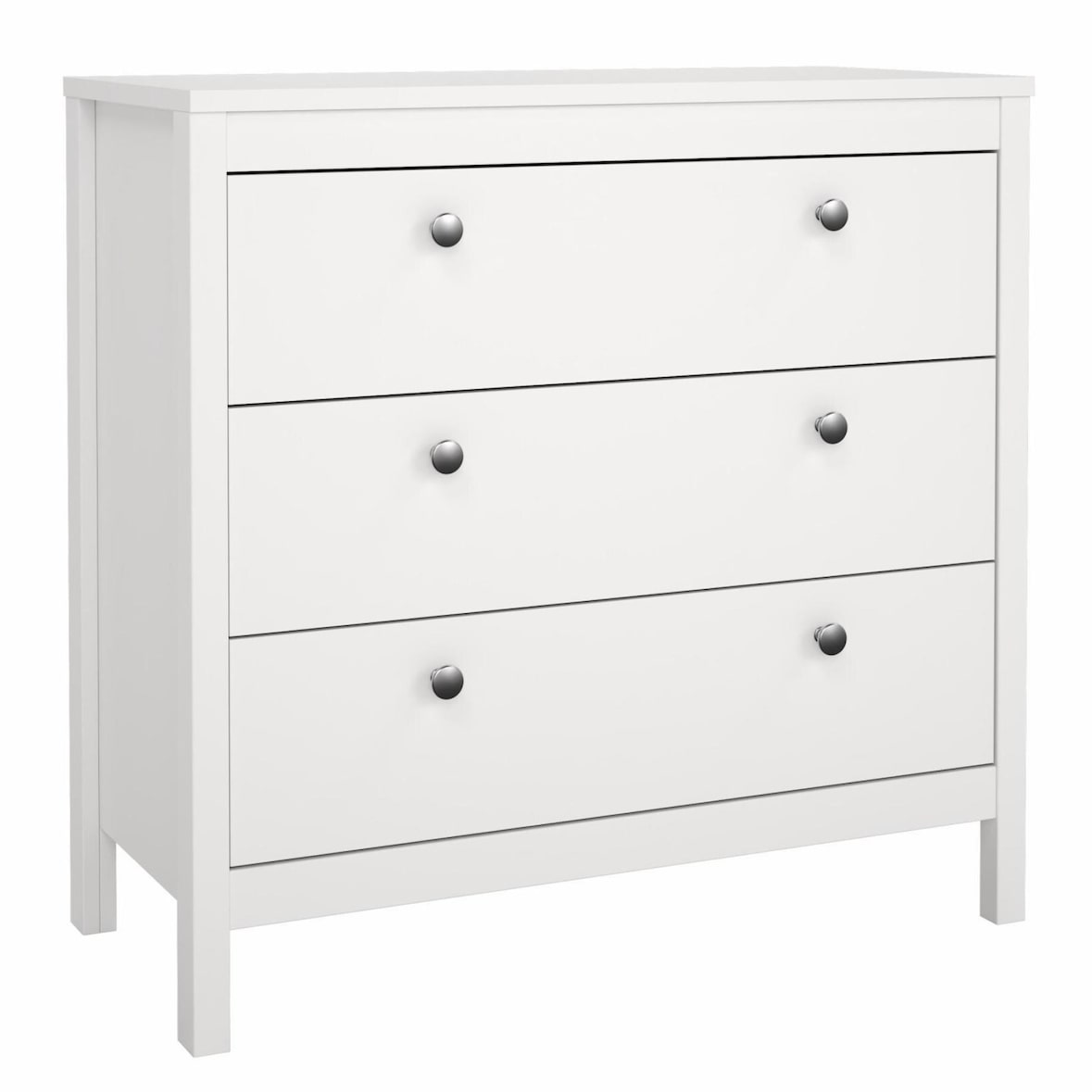WellHome - Cómoda de Dormitorio con 3 Cajones y Tiradores de Metal o Cuero en color Blanco 83 x 39 x 80 cm - Guadalquivir
