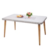 thumbnail of Poly-rattan eettafel HWC-H65, tuin/lounge tafel, staal + acacia halfronde poly-rattan MVG 150x90cm ~ grijs