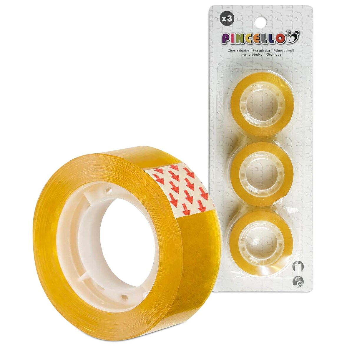 Pack de 3 Cintas Adhesivas Transparentes 18 mm x 27 m | 3 Rollos Fiso Transparentes para Oficina, Escuela, Hogar