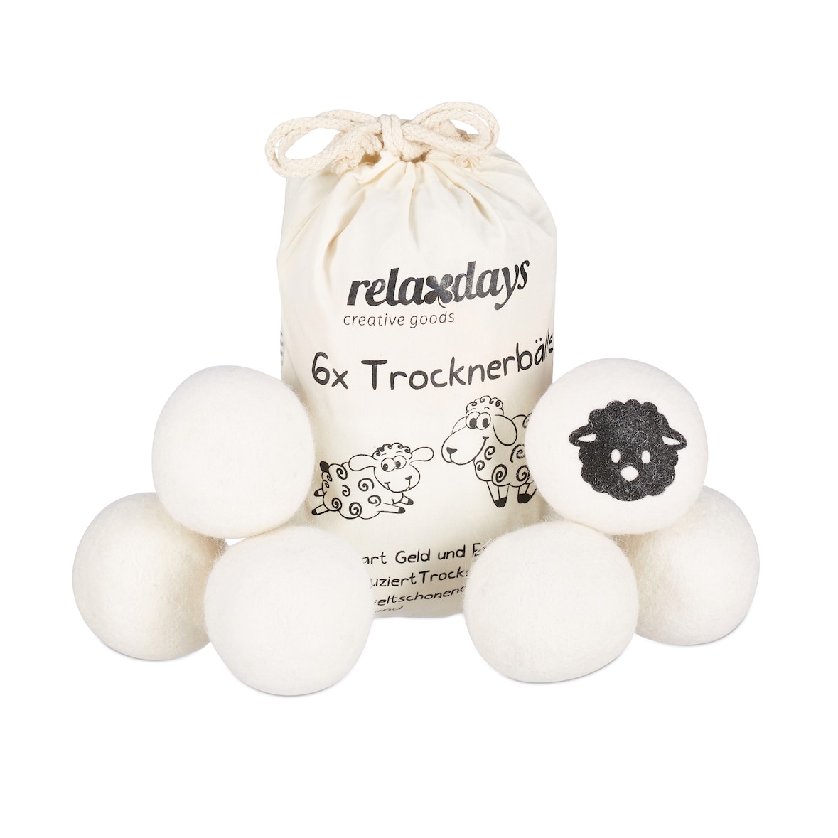 Relaxdays Trocknerbälle XXL, 6 Trocknerkugeln, Filzbälle für Trockner, aus Schafswolle, umweltschonend, Ø 7 cm, weiß