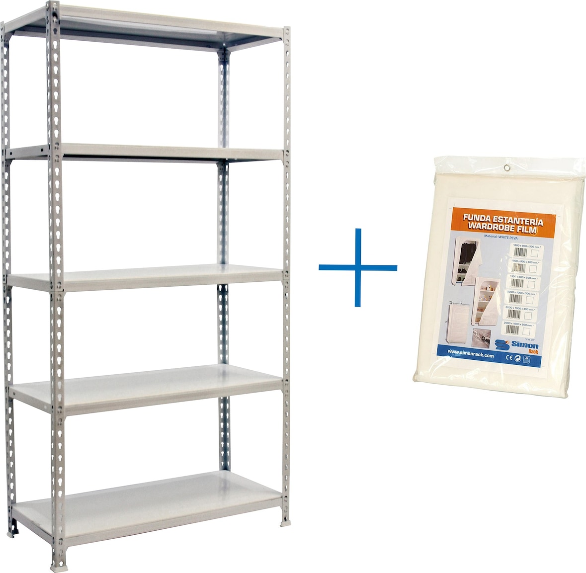 SimonRack Estantería Metálica, 1800x900x300 mm, 5 Alturas, Bandeja Metal, 180 kg de Punto Flexión, Incluye Funda, Blanco - Simonclick