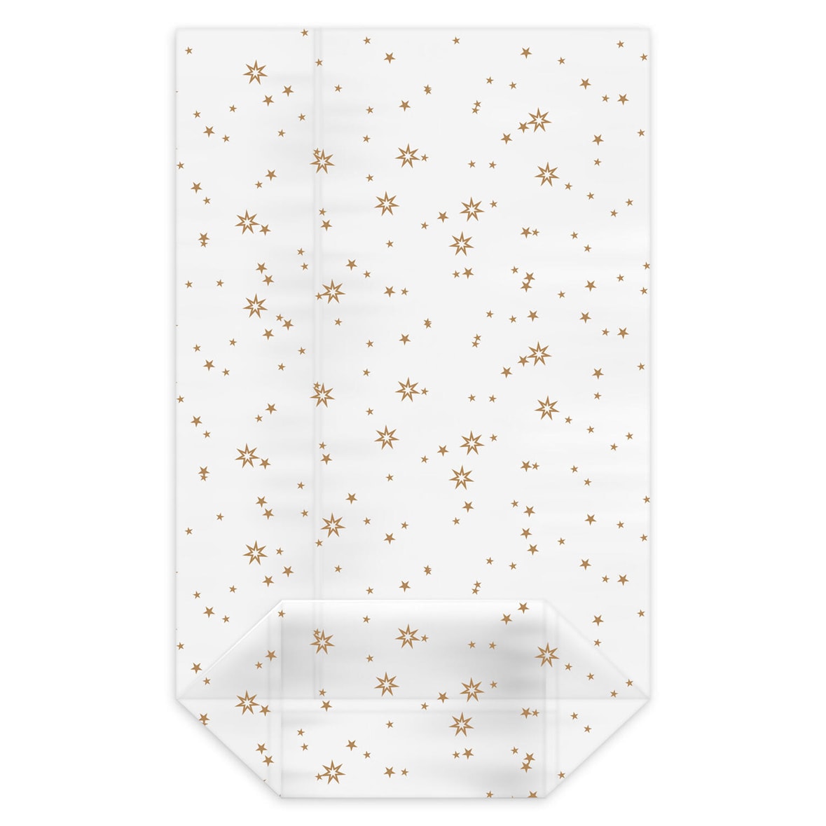 VEPATIM 100 Kreuzbodenbeutel klar mit Sternen gold 115 x 190 + 45mm mit verschweißtem Boden