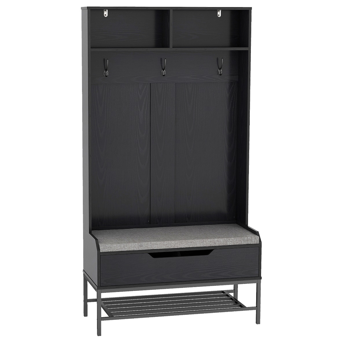 COSTWAY Kapstok met bank, 4-in-1 kapstok met open vakken, schoenenkast en 3 haken, zitkussen, 90 x 38,5 x 170 cm