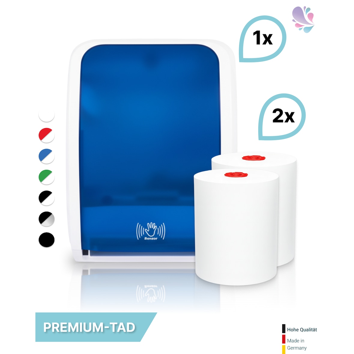 SET: Handtuchrollenspender SENSOR, berührungslos, Blanc Cosmos verschied. Farben + 2 Handtuchrollen PREMIUM TAD - PRODUKTSET