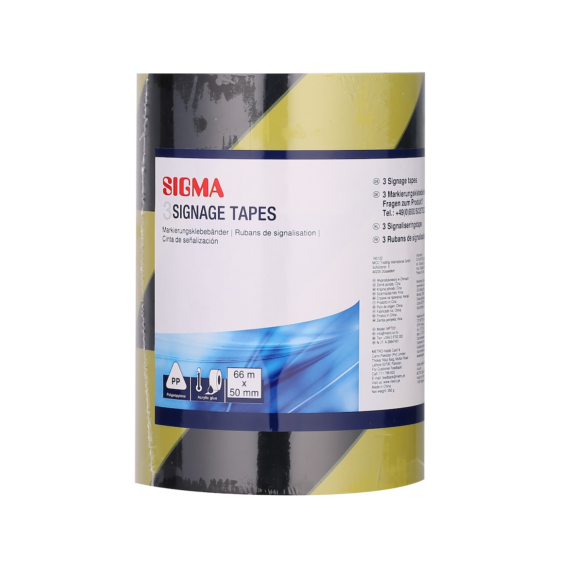 SIGMA Ruban adhésif de marquage, 50 mm x 66 m, jaune/noir, 3 unités