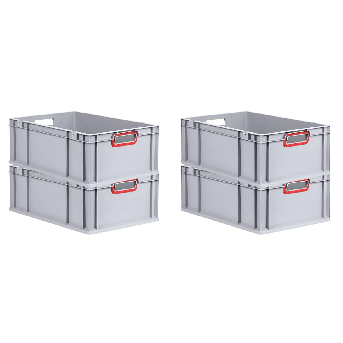 PROREGAL SuperSparSet 4x Eurobox NextGen Color, HxBxT 22x40x60cm, 44 Liter, Griffe rot offen, Grau, Eurobehälter, Box, Transportbehälter
