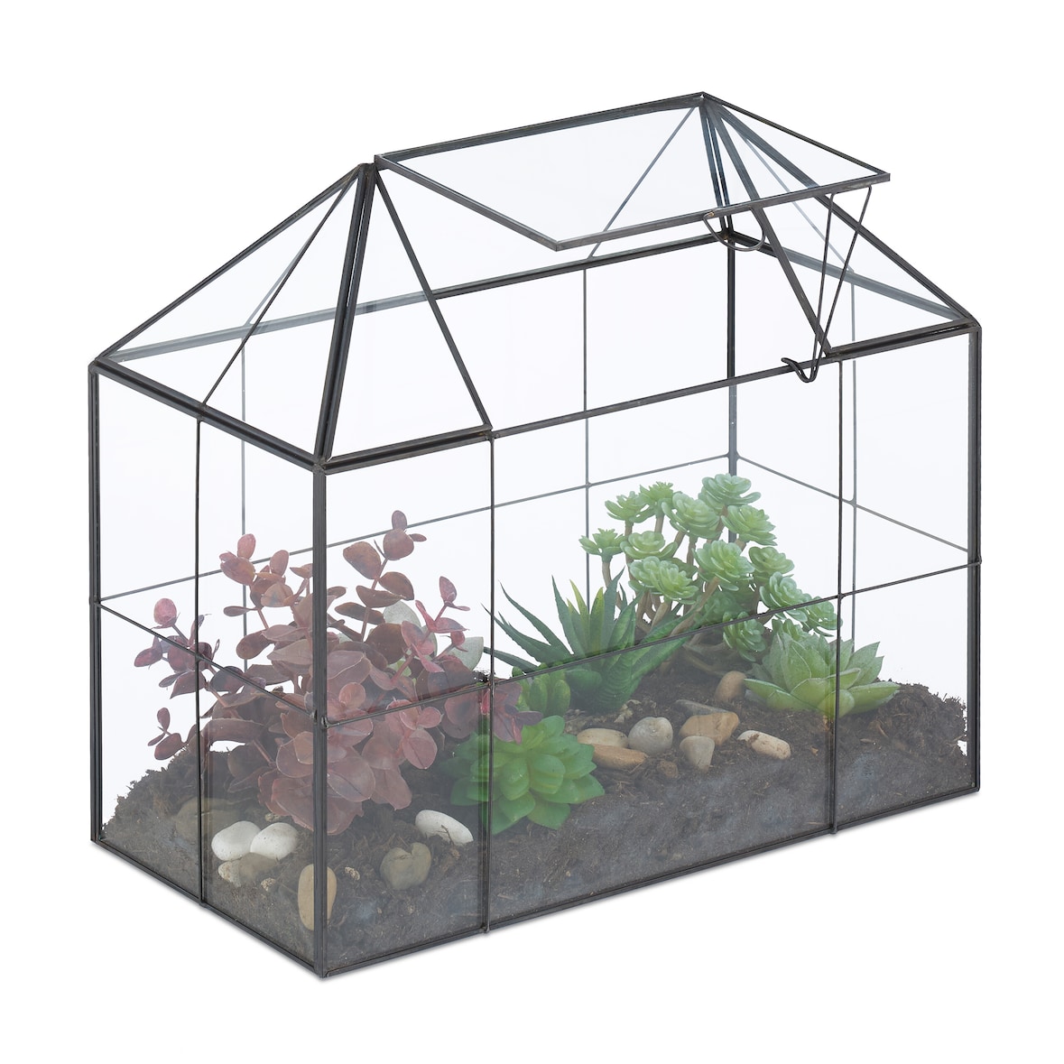 Relaxdays Pflanzenterrarium, Glas & Kupfer, 27x30x15 cm, Deko Glashaus Kakteen & Moos, Glaskasten Fensterbank, schwarz