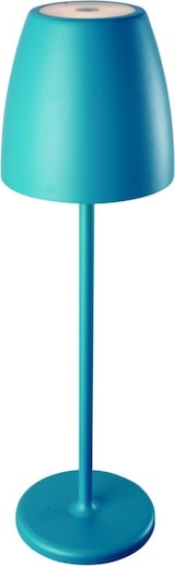 Eine türkisfarbene Tischlampe mit rundem Sockel.