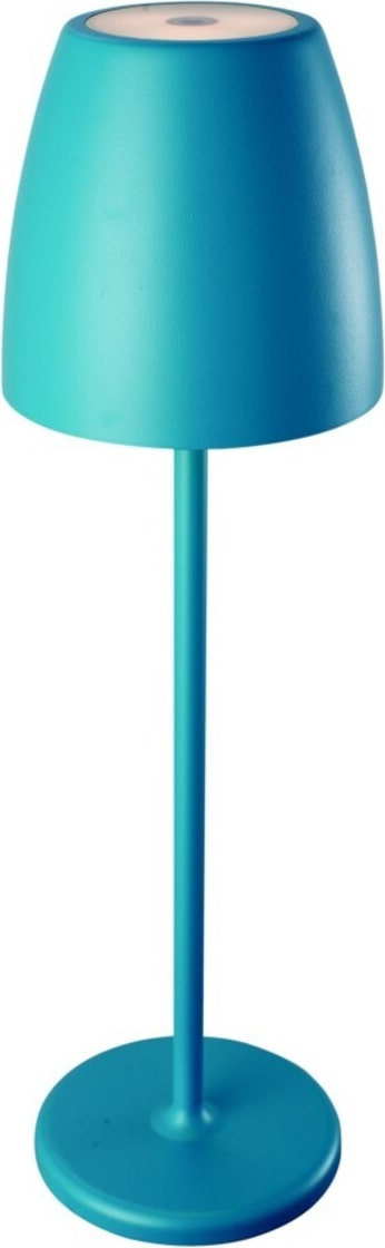 Eine türkisfarbene Tischlampe mit rundem Sockel.