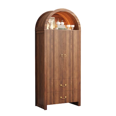 Merax hoge kast met LED-nis, 2 deuren, geribbelde structuur en 2 laden, walnoot, 76 x 38 x 180 cm