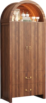 thumbnail of Merax hoge kast met LED-nis, 2 deuren, geribbelde structuur en 2 laden, walnoot, 76 x 38 x 180 cm