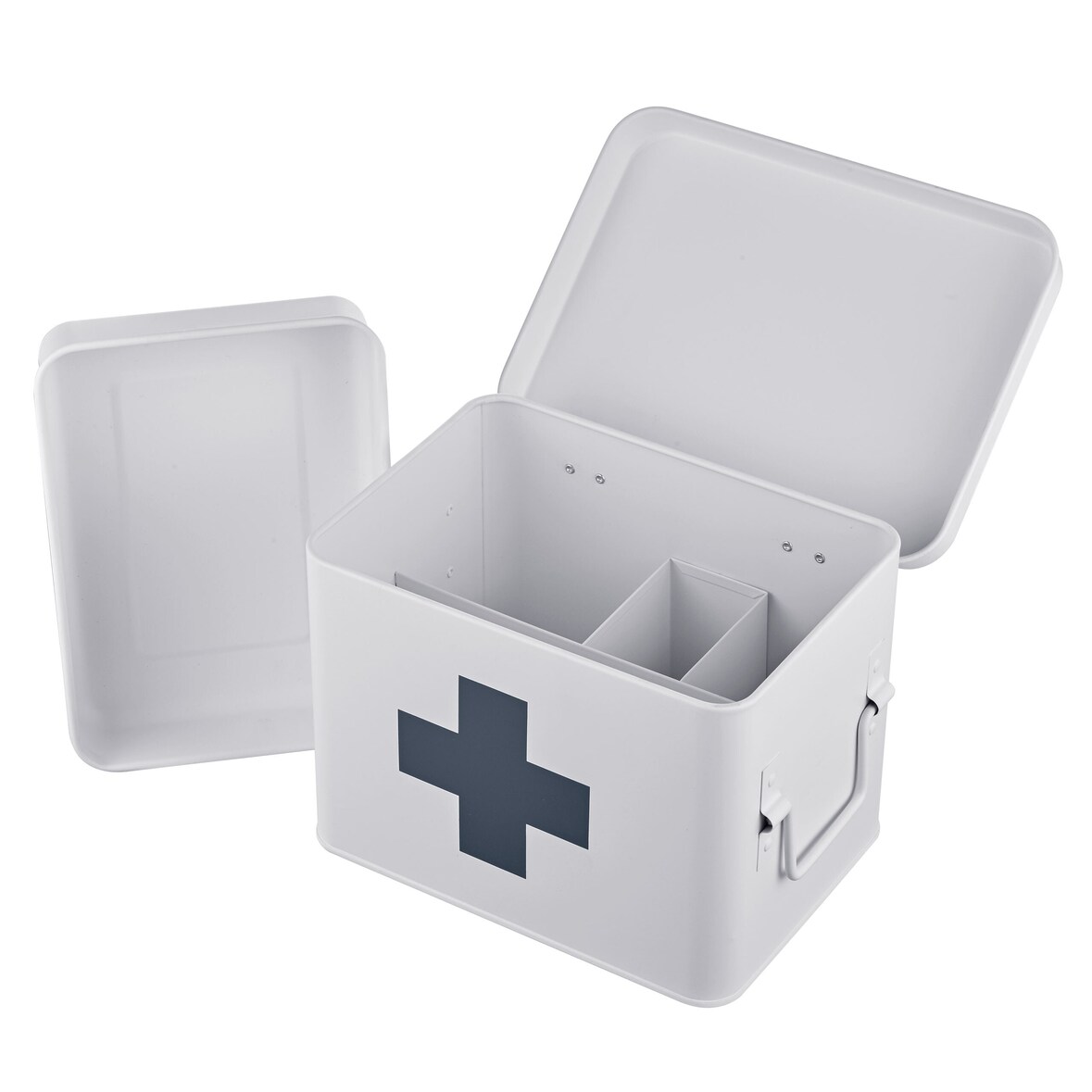 Relaxdays Medizinbox, 4 Fächer, entnehmbarer Einsatz, Hausapotheke Box, Metall, Griffe, HxBxT: 16 x 21 x 15,5 cm, weiß