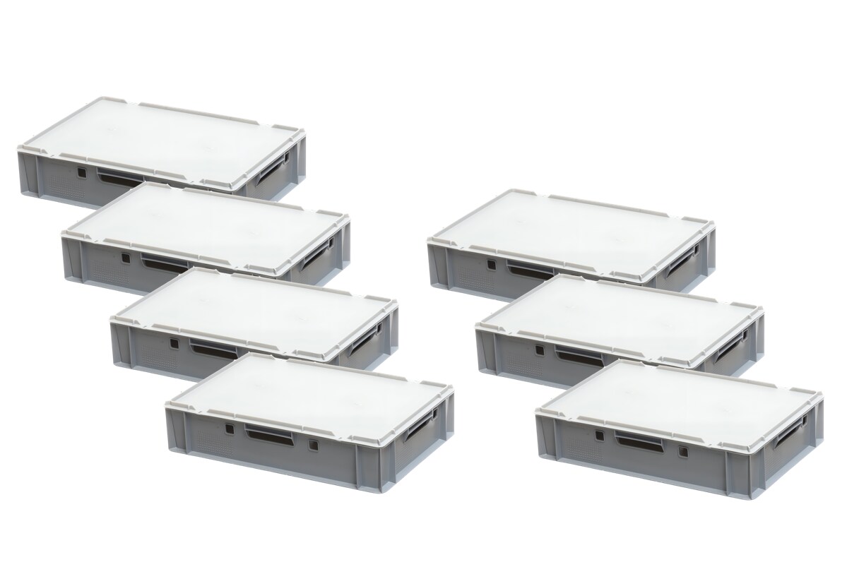 Logiplast 7 Stück graue E1 Kisten 600x400x125 mm Fleischkasten Lagerkiste Metzgerkiste mit 7 grauen Deckeln