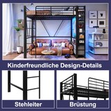 thumbnail of Hochbett 90x200 Metallrahmen mit LED-Beleuchtung, USB + Typ-C Anschluss, 4 Schubladen, Hängestangen, Lochbretter, Stauraum, Schwarz