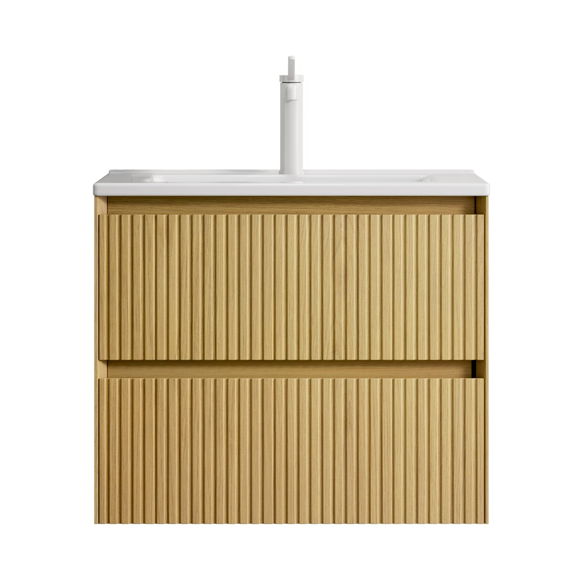 Badezimmer-Waschtisch 50x61x39 Keramikbecken 2 Soft-Close Schubladen Massivholz Schrank Wasserfest Badmöbel Beige+Golden Oak+Weiß