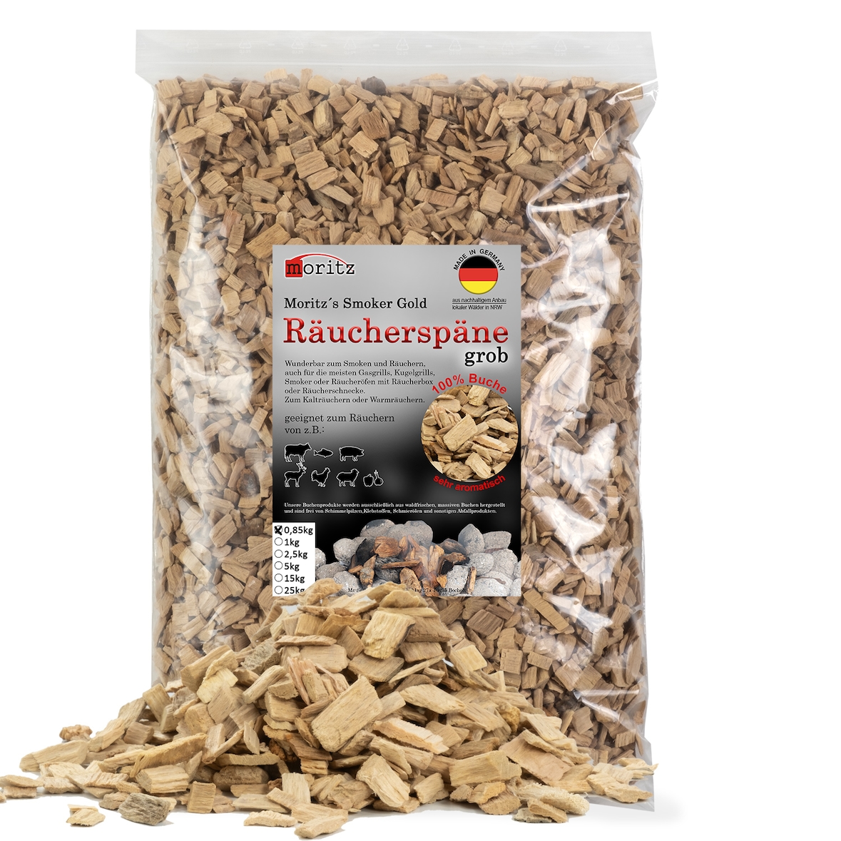 Moritz 0,85kg Räucherspäne Buche grob 6 -12 mm Räuchern I Kalträuchern von Fisch Fleisch Wurst Käse Gemüse auch für BBQ I Grill - Räuchermehl