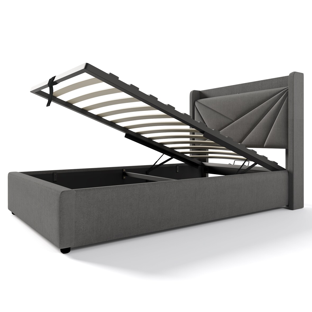 Einzelbett 90×200 mit Stauraum, USB Typ C Ladefunktion, komfortables Kopfteil aus Baumwolle-Leinen, robuste Latten, modernes Design, Grau