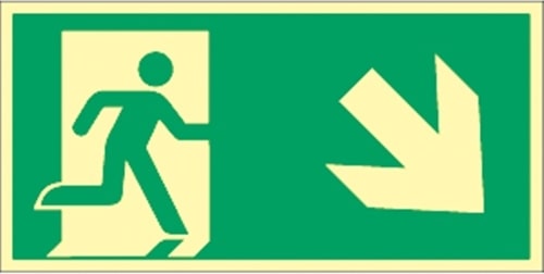 Schild Notausgang rechts abwärts, ISO 7010, Kunststoff, nachleucht.,160-mcd, 297x148 mm