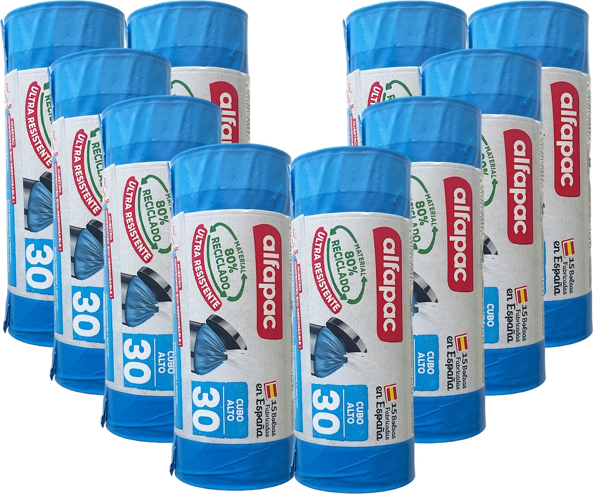 Alfapac - Müllbeutel 30L 50x75cm mit Selbstverschluss für hohe Eimer, 10 Rollen x 15 Stück (80% Recycelt)