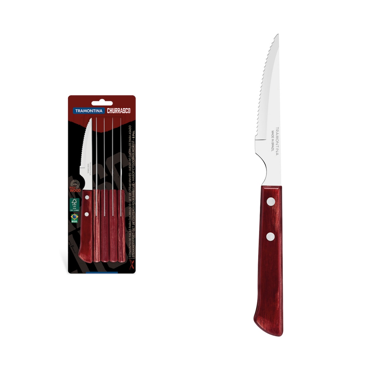 Tramontina coltelli bistecca Churrasco acciaio inox marrone Set 6 Pezzi 12,5 cm