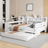 thumbnail of Schlafsofa 140x200 cm aus Massivholz mit ausziehbarem Bett, Schreibtisch, Regalen, Schubladen und Steckdose – multifunktionales Möbel Weiß