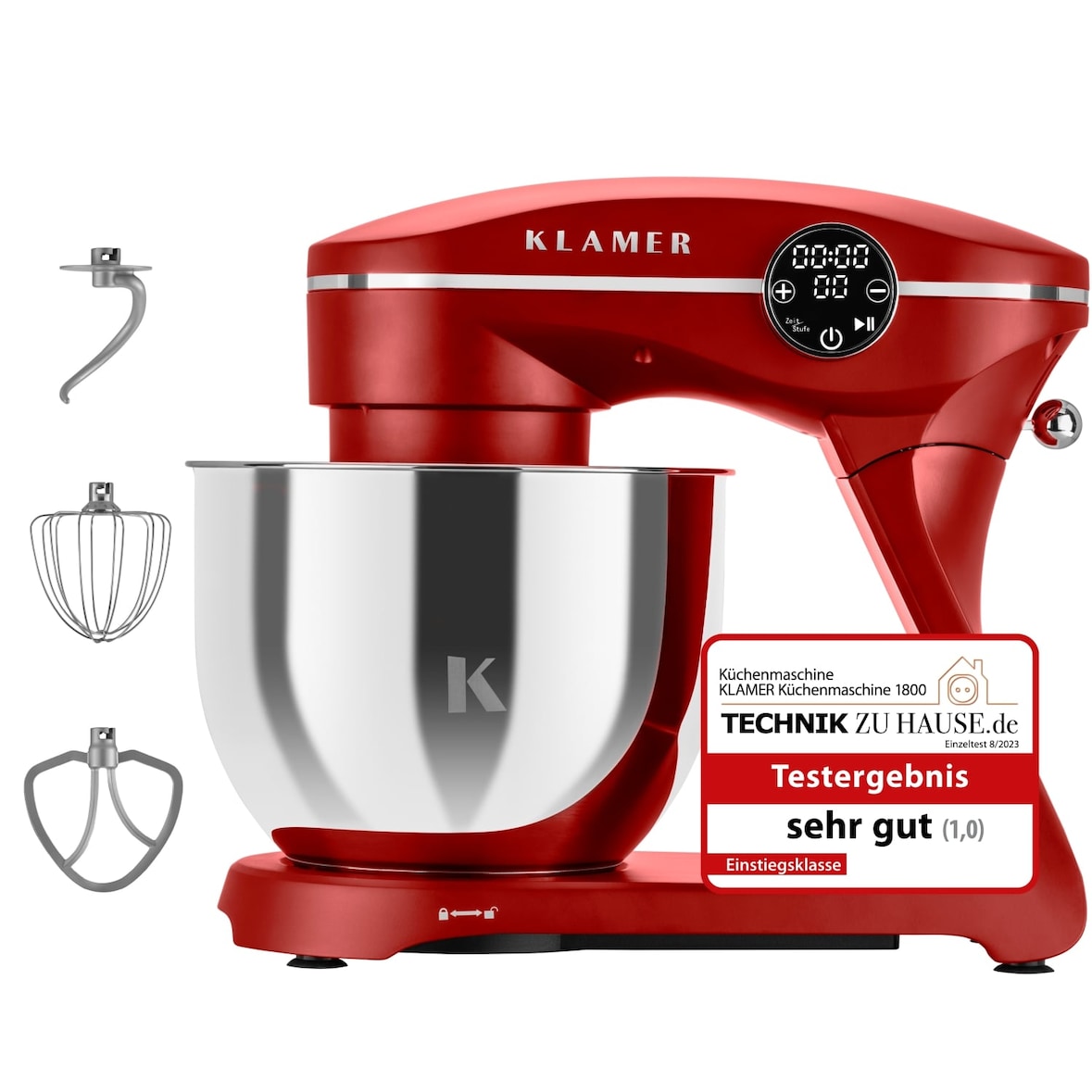 KLAMER Küchenmaschine 1800W, Knetmaschine mit 6 Liter Edelstahl Schüssel, 10 Geschwindigkeitsstufen mit Timer, Rührbesen, Knethaken, Schneebesen und …