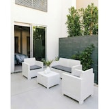 thumbnail of Conjunto de jardín SALINA en resina efecto ratán con cojines desenfundables, compuesto por sofá de dos plazas, dos sillones y mesa contenedor – Blanco