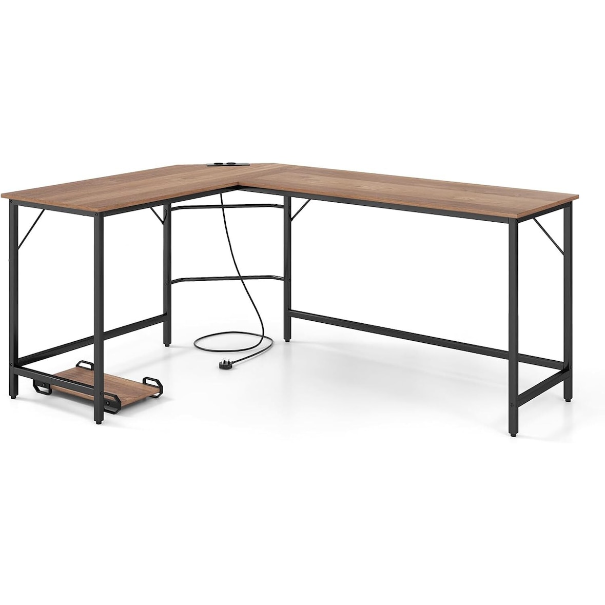 COSTWAY Escritorio en Forma de L con Enchufes y Soporte para CPU, Escritorio de Esquina, Mesa de Oficina para Oficina en Casa