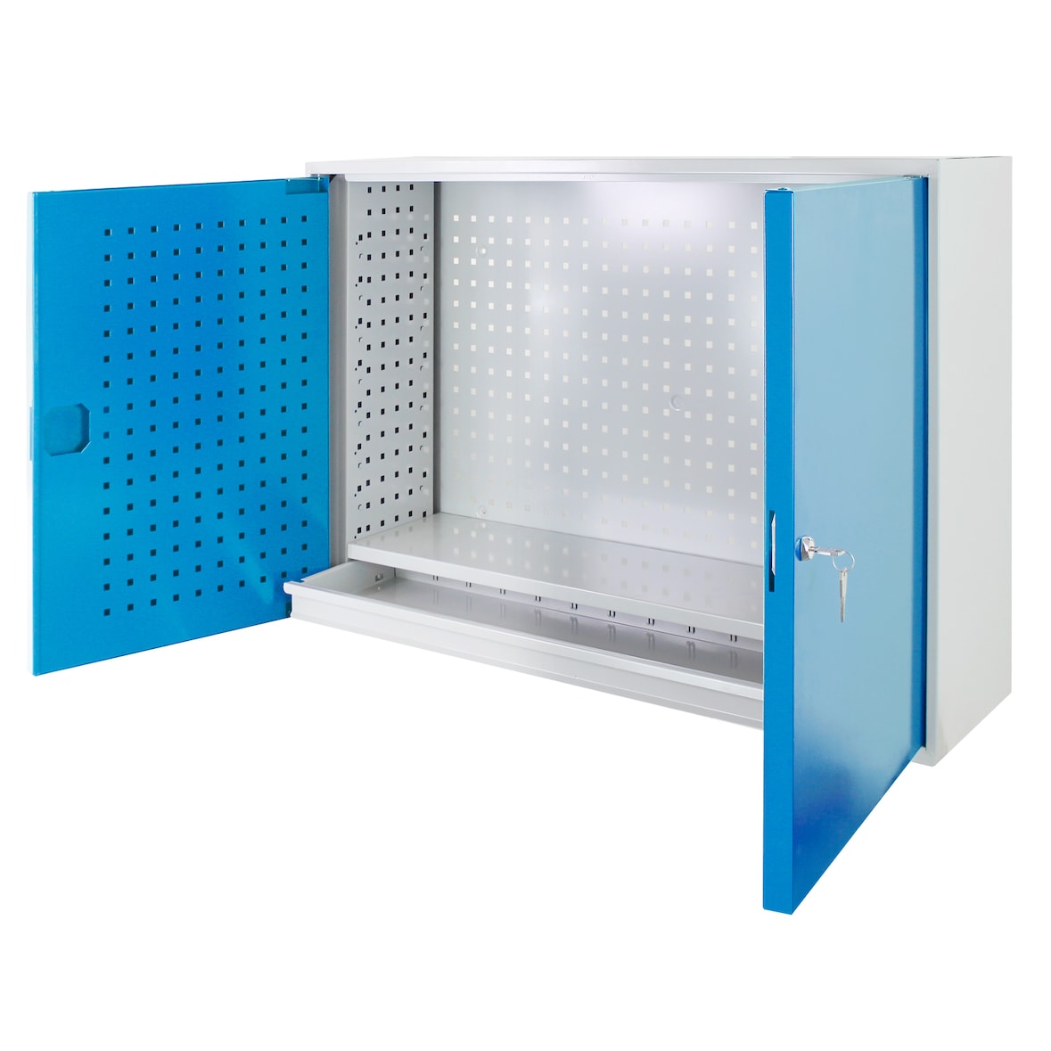 PROREGAL Werkzeugwandschrank mit 2 Türen + 1 Fachboden + 1 Schublade | HxBxT 75,5x105x31cm | Lichtgrau/Lichtblau