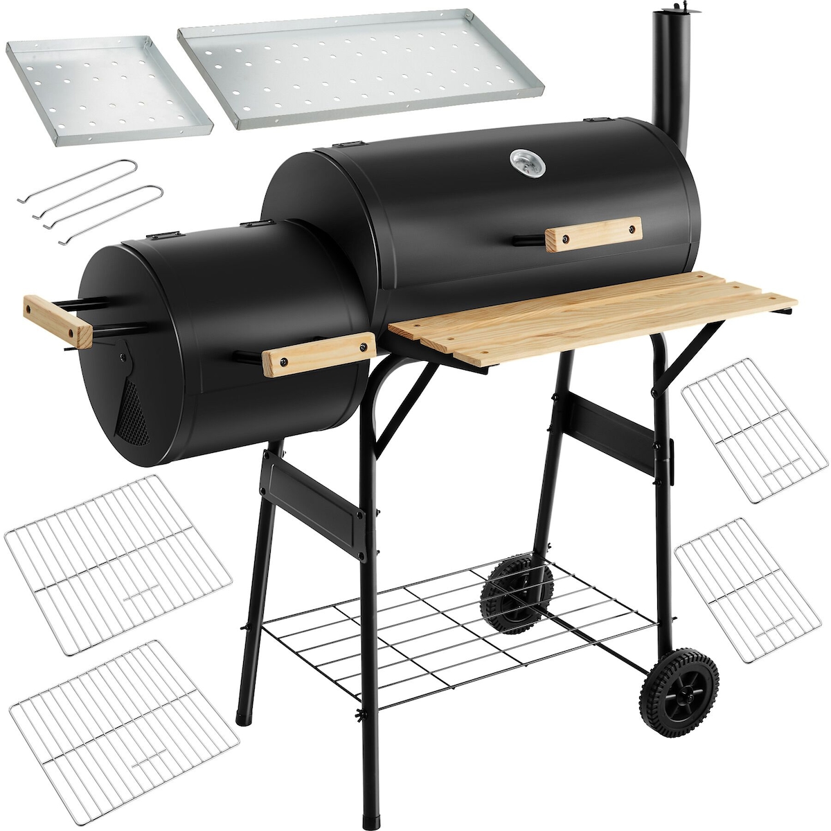TecTake GmbH tectake Holzkohlegrill, 2in1, 2 Kammern, mit Thermometer, zwei Brennkammern, Lüftungsschieber, mobiles Stahlgestell, schwarz